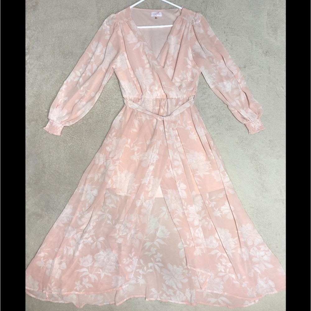 Pink Lily My Dearest Darling Peach Floral Chiffon Maxi Dress Boho Long Sleeves M